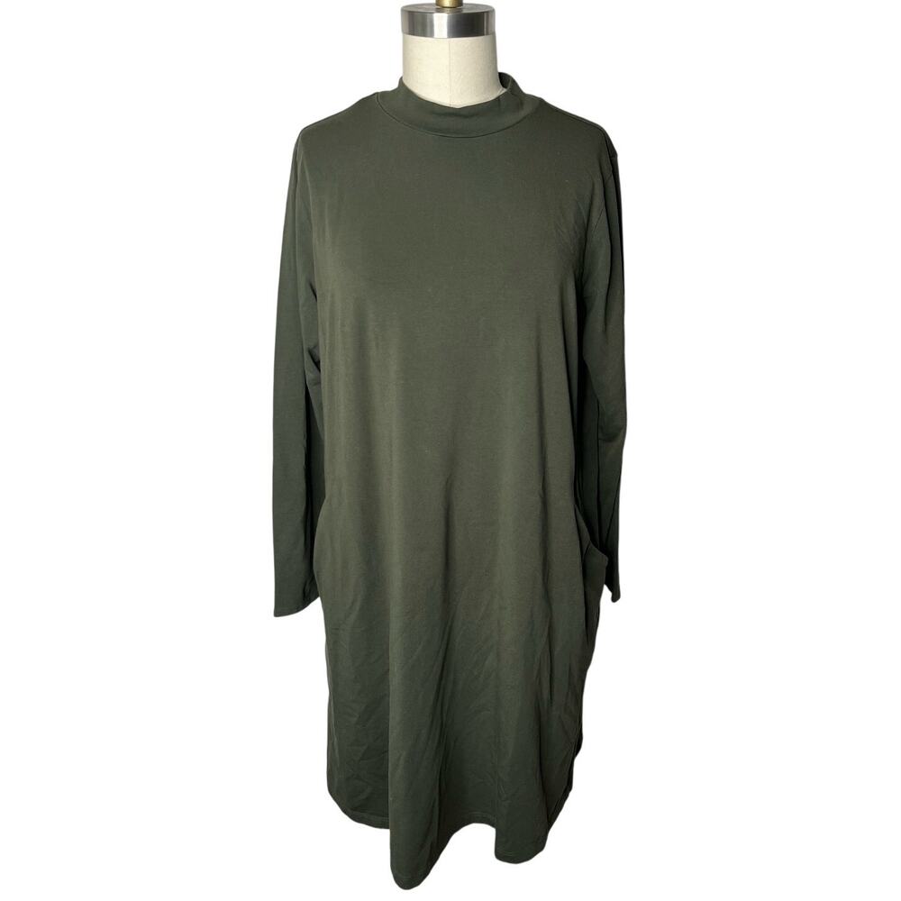 Eileen Fisher Mock Neck Jersey Long Sleeve Dress with Pockets Size Large